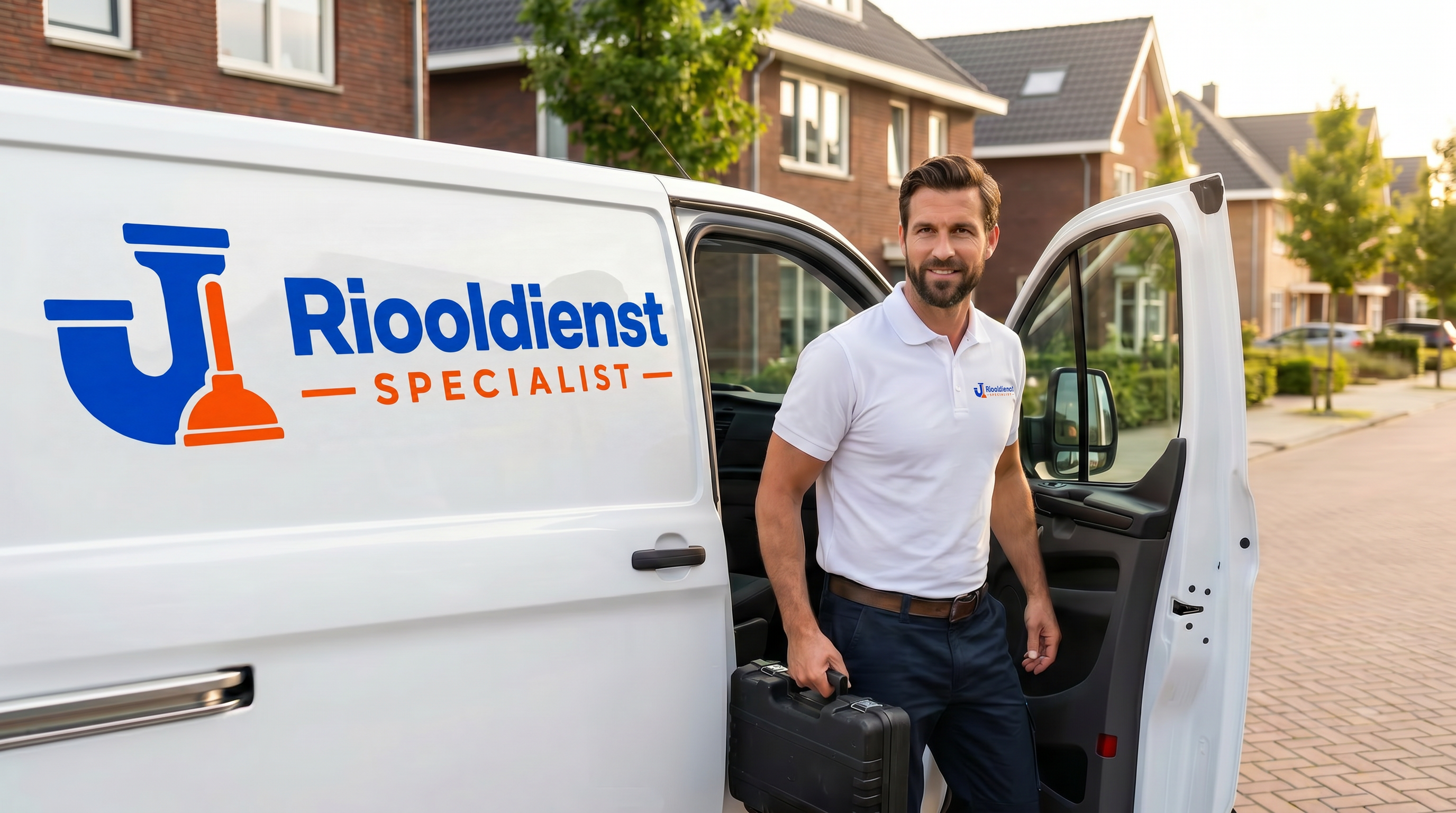 Monteur van Riooldienst Specialist stapt uit de servicebus